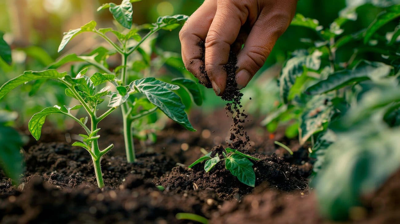 Mano aplicando abono orgánico casero directamente en la tierra de un jardín con plantas de tomate